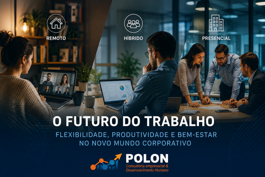 Imagem ilustrativa sobre os modelos de trabalho remoto, híbrido e presencial, mostrando profissionais em diferentes ambientes corporativos e home office, com destaque para flexibilidade, produtividade e bem-estar no ambiente de trabalho. Arte institucional da Polon Consultoria.