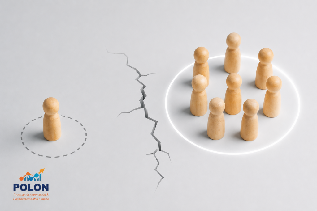 Ilustração minimalista representando os desafios da gestão de pessoas nas empresas, com um boneco isolado de um lado e um grupo integrado do outro, separados por uma rachadura no chão. A imagem utiliza tons claros, poucos elementos e inclui discretamente a logomarca da Polon Consultoria no canto inferior esquerdo.