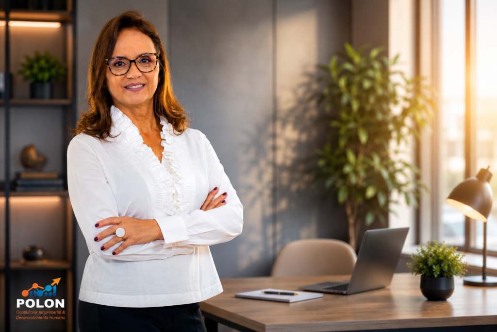 Psicóloga organizacional em ambiente corporativo moderno, posicionada à frente de uma mesa de trabalho, transmitindo confiança, profissionalismo e proximidade. Ao fundo, escritório elegante com iluminação natural, elementos discretos de decoração e atmosfera que remete ao desenvolvimento de pessoas, liderança e gestão empresarial.